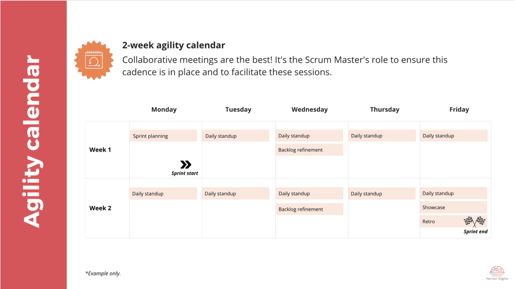 2 week agility calendar for those who are new to agile ways of working. This is one of the pages in our free agile playbook